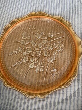 Amber Glass Serving Platter with Floral Relief